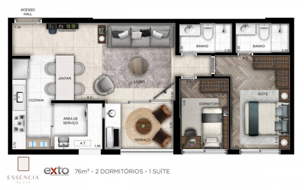 planta 76m2 - 02 dormitórios