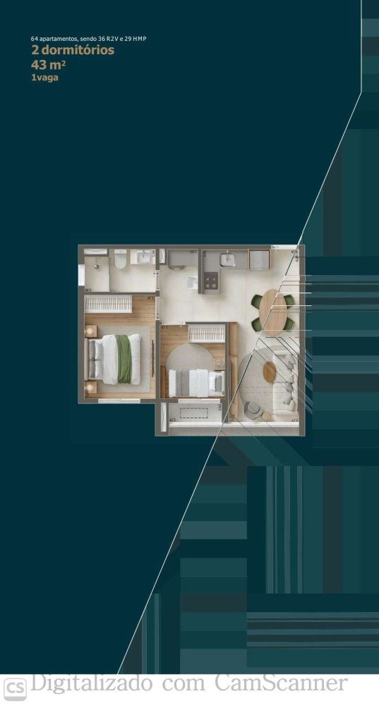 64 unidades - 36 R2V - 29 HMP - 43m2 - 02 dorm. - 01 vaga