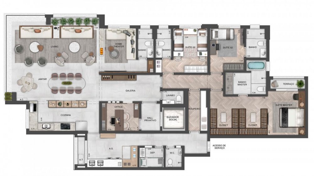 Terraro - planta de 238M� - 3 SU�TES - LIVING, COZINHA E TERRA�O INTEGRADOS