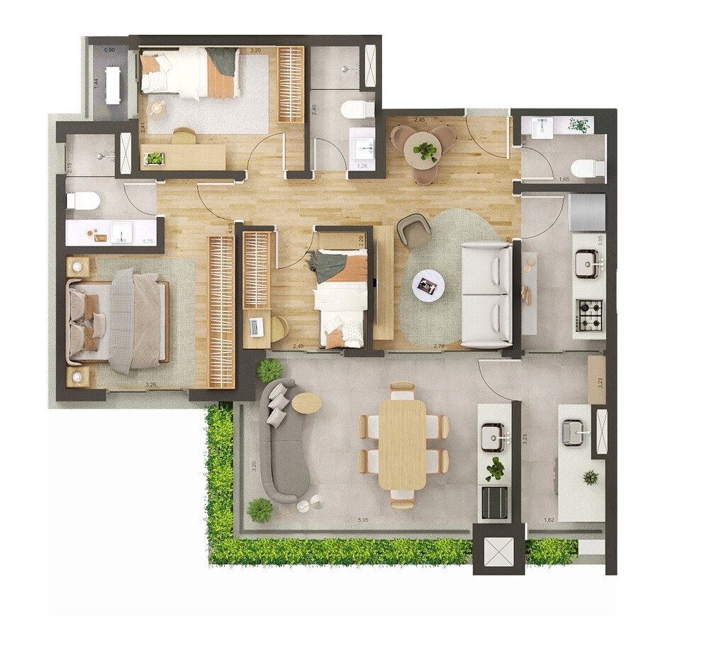 Planta 03 dormit�rios - 89m2