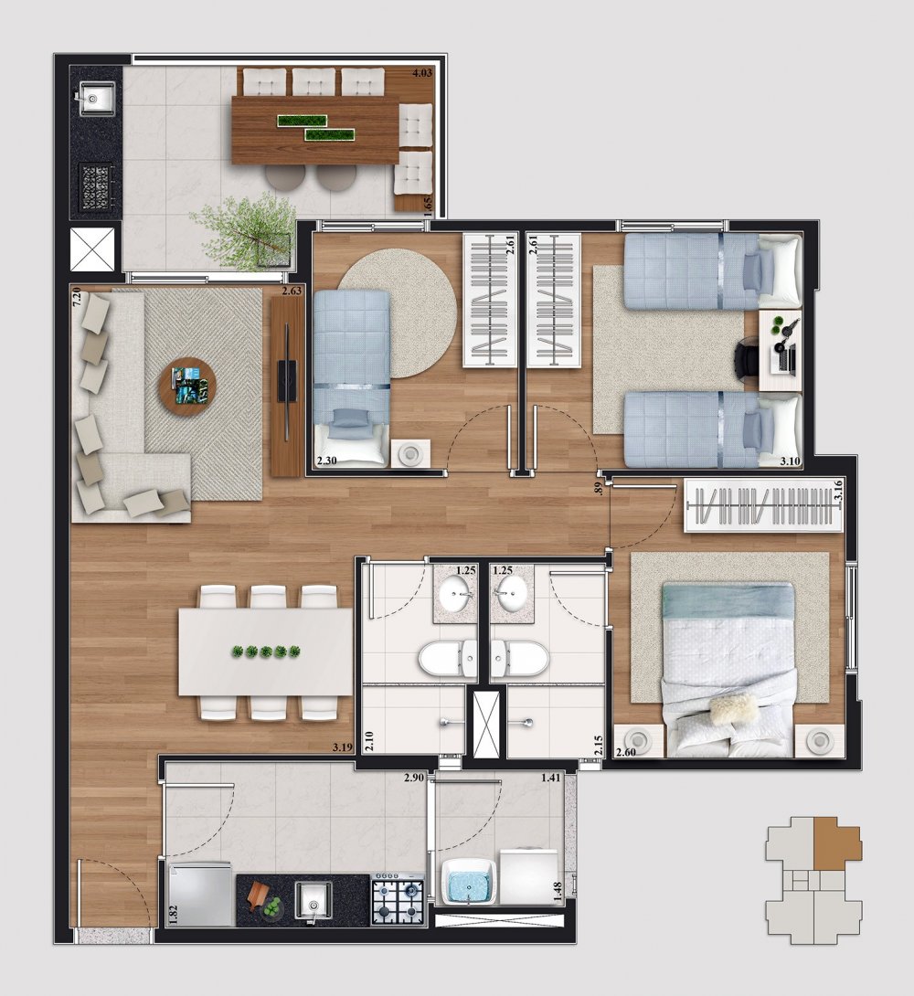 03 dormit�rios - 73m2, mais box privativo