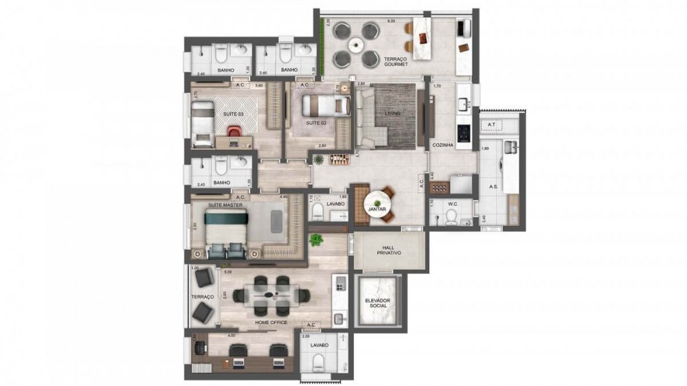 142m2, 03 suítes e homme office