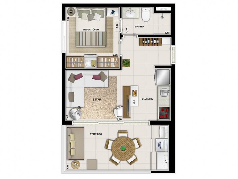 Planta de 43m2 - living ampliado opcional.